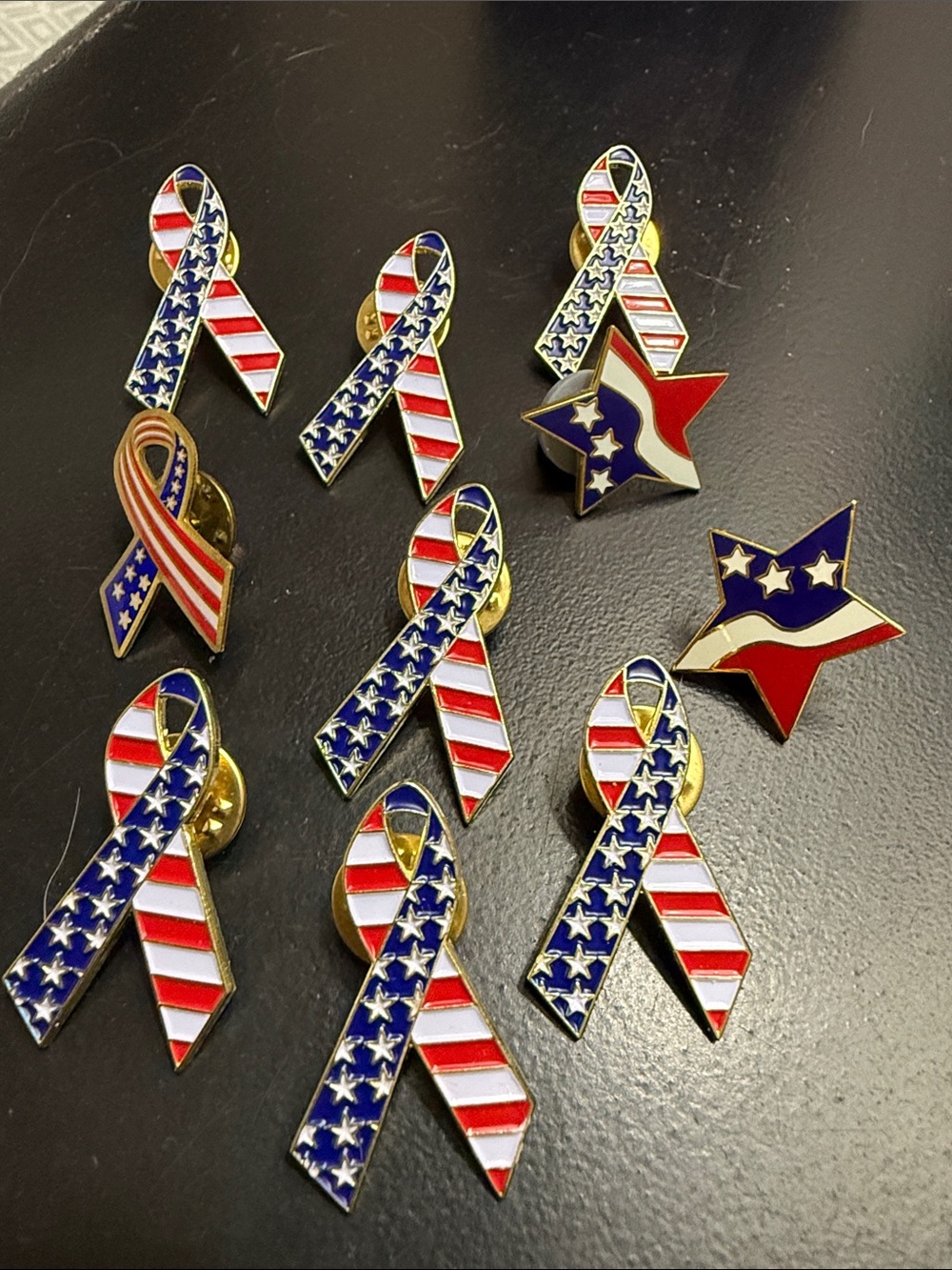 RARE 🎆 Patriotic American Flag Ribbon & Star Pin Lot - Red, White & Blue
